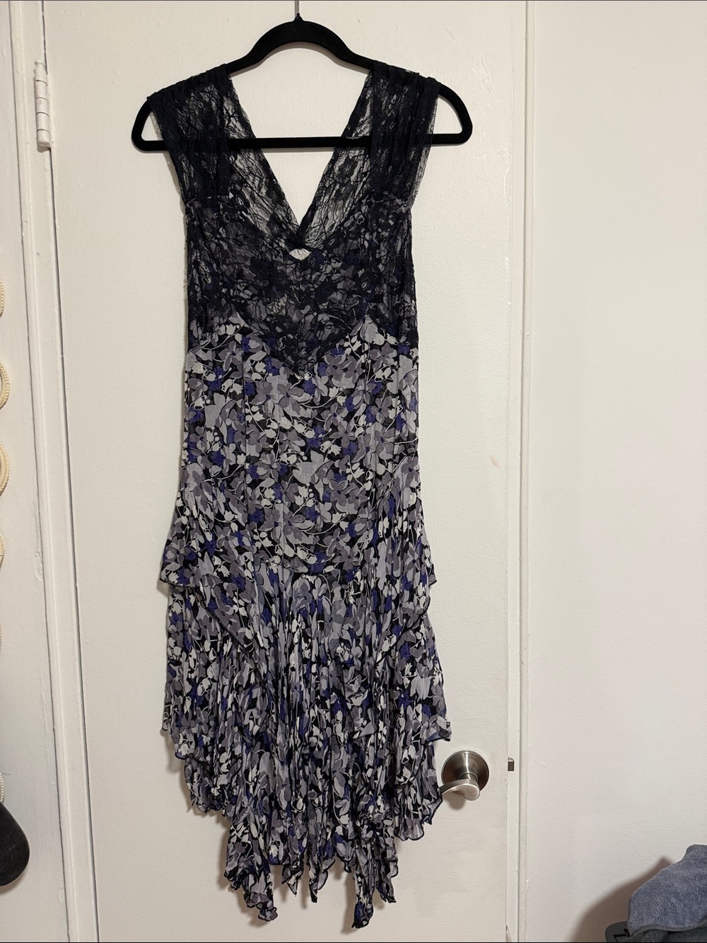 Free People One Black and Purple Lace-Trim Floral Handkerchief Hem Dress